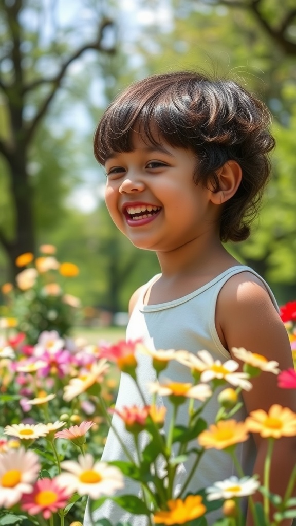 A happy child with short curly hair and a fringe, smiling among colorful flowers.