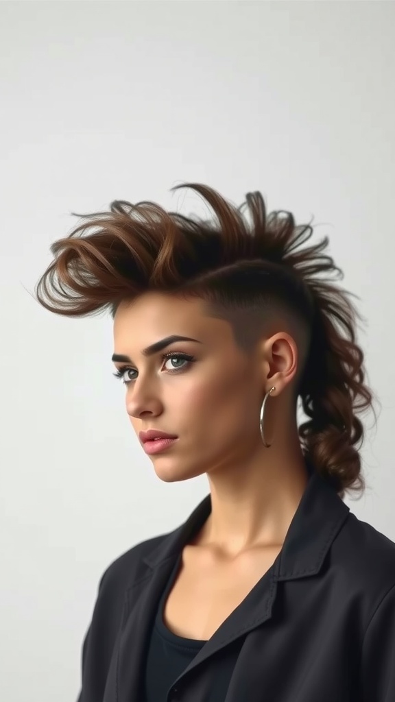 A woman with a short frohawk hairstyle featuring volume on top and short sides, showcasing natural texture.