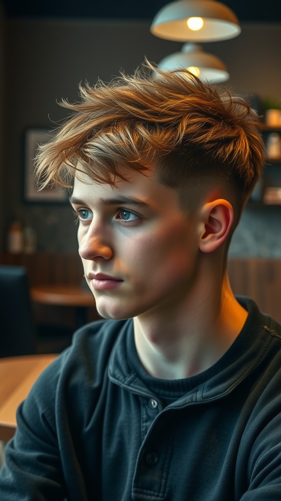 A young man with a short mullet hairstyle, featuring textured layers on top and short sides, sitting in a casual setting.