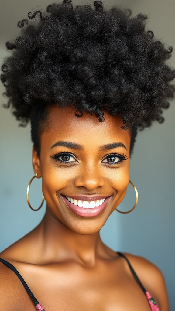 A smiling person with a short natural fro hairstyle
