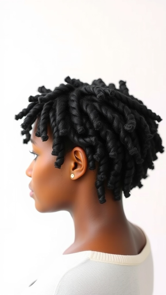 A woman with short, tightly coiled hair styled in a twist out, showcasing natural hair texture.