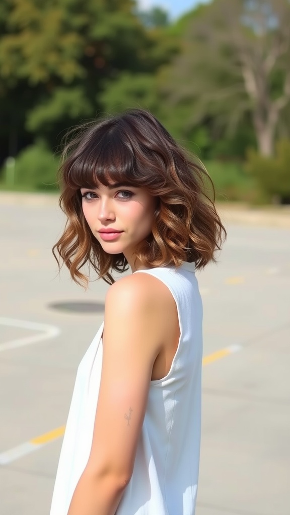 A woman with shoulder-length curly hair and wispy bangs, wearing a sleeveless white top, standing outdoors.