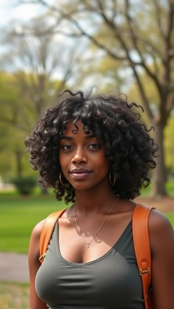 A woman with shoulder-length curly hair, smiling outdoors