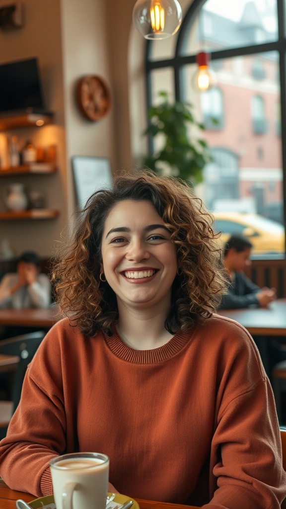 Person with shoulder-length curly hair, smiling in a cozy cafe setting.