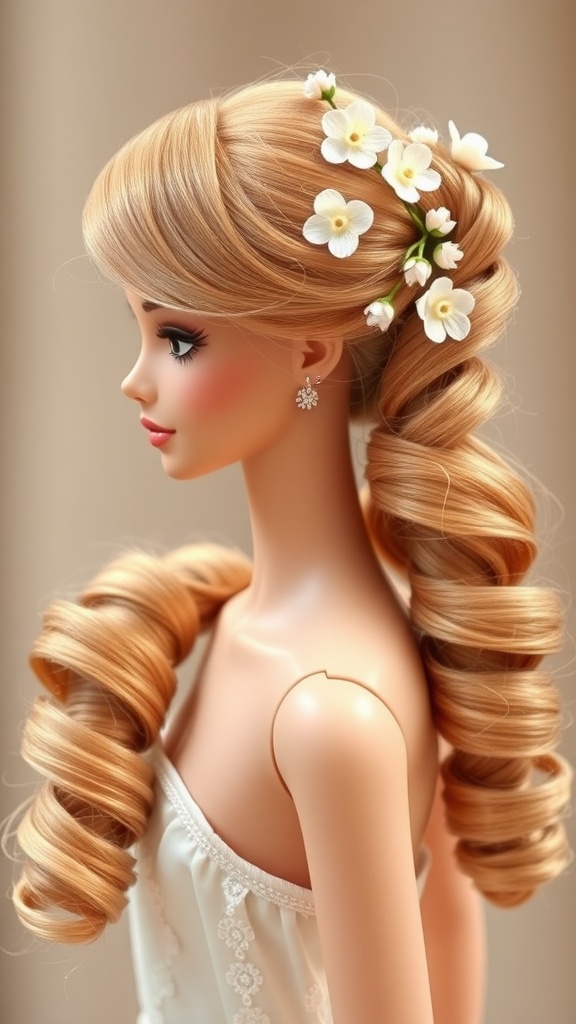 A Barbie doll with a side-swept ponytail adorned with flowers.