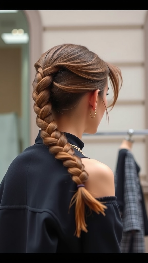 A side-swept braided ponytail hairstyle, showcasing a neat braid and relaxed look.