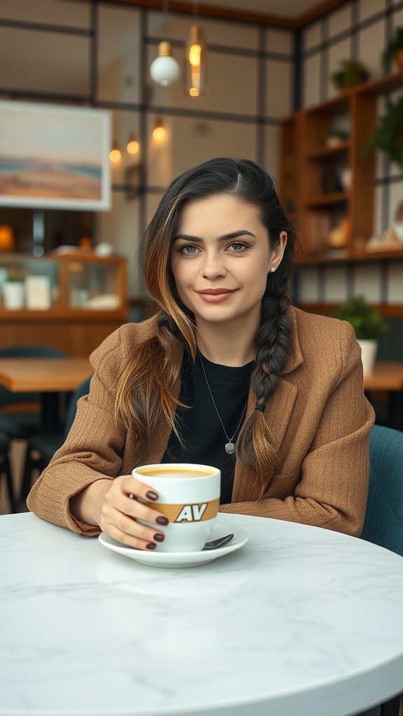 A woman with side-swept braids sitting at a table holding a coffee cup.