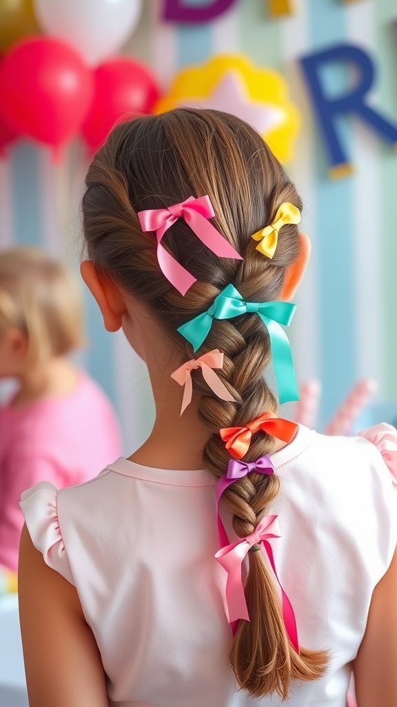 A side-swept braid decorated with colorful ribbons, perfect for a birthday celebration.