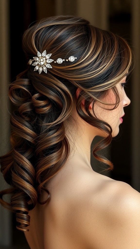 A woman with medium-length side-swept curls adorned with a decorative hair accessory.