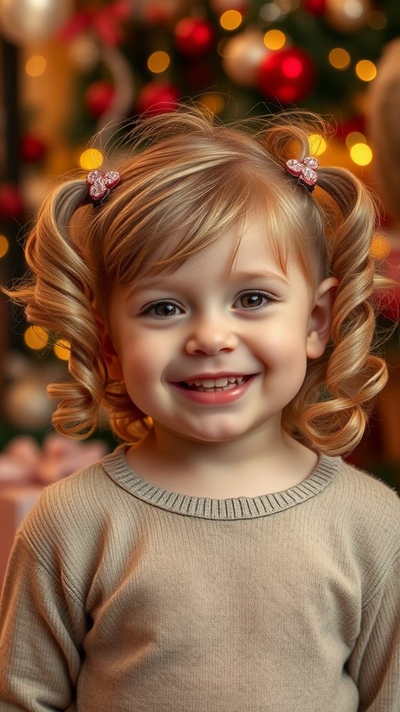 A young girl with side-swept curls adorned with sparkly clips, smiling happily.