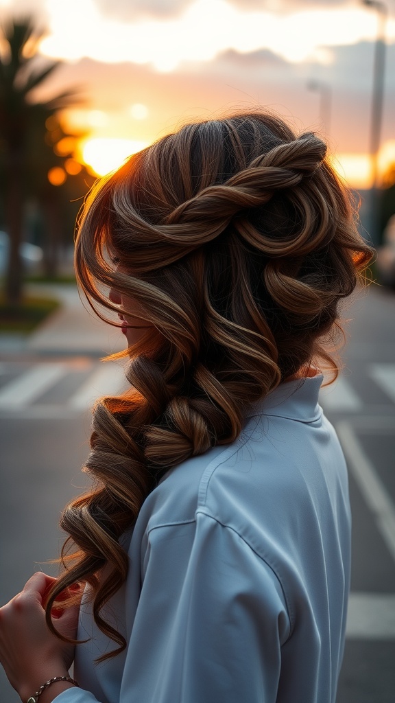 A person with side-swept curly braids, showcasing intricate braiding and soft curls against a sunset backdrop.