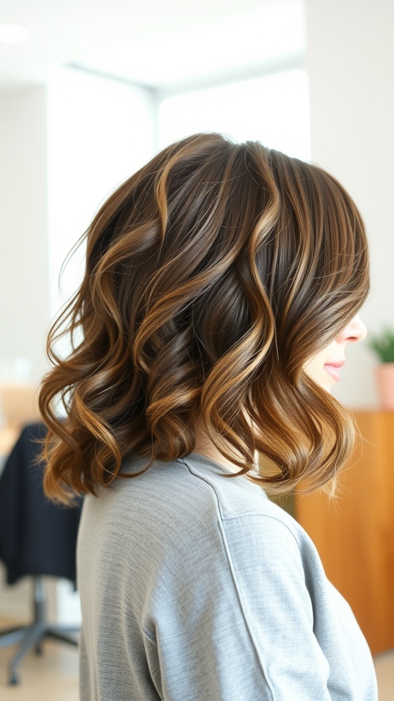 A woman with a stylish side-swept curly lob hairstyle