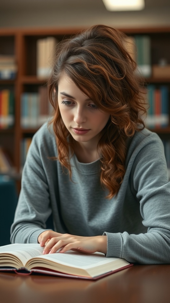 A girl with side-swept curly hair reading a book in a library
