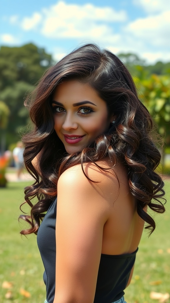 A woman with beautiful side-swept curly hair, smiling outdoors in a park.