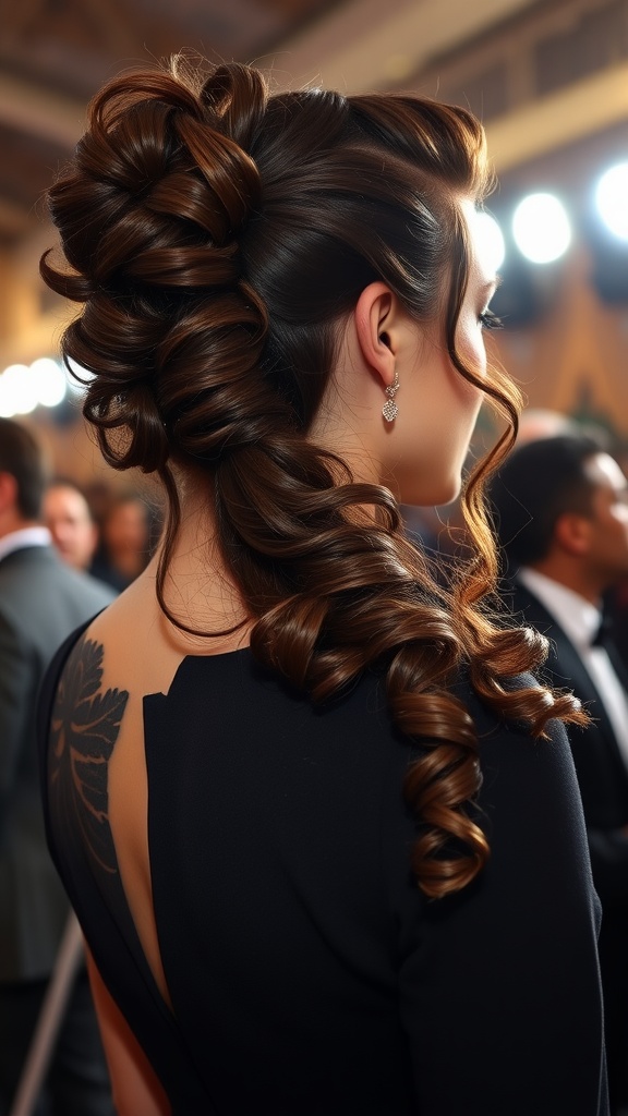 A woman with a side-swept curly ponytail, showcasing elegant dark curls and sparkling earrings.