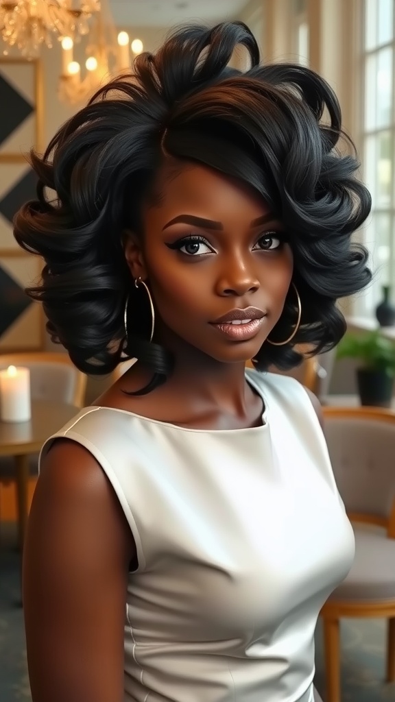 A woman with side-swept curly waves hairstyle, showcasing voluminous curls and a stylish look.