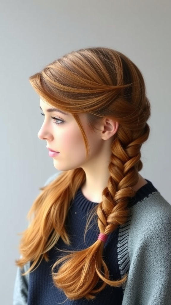 A young woman with ginger hair styled in side-swept braids.