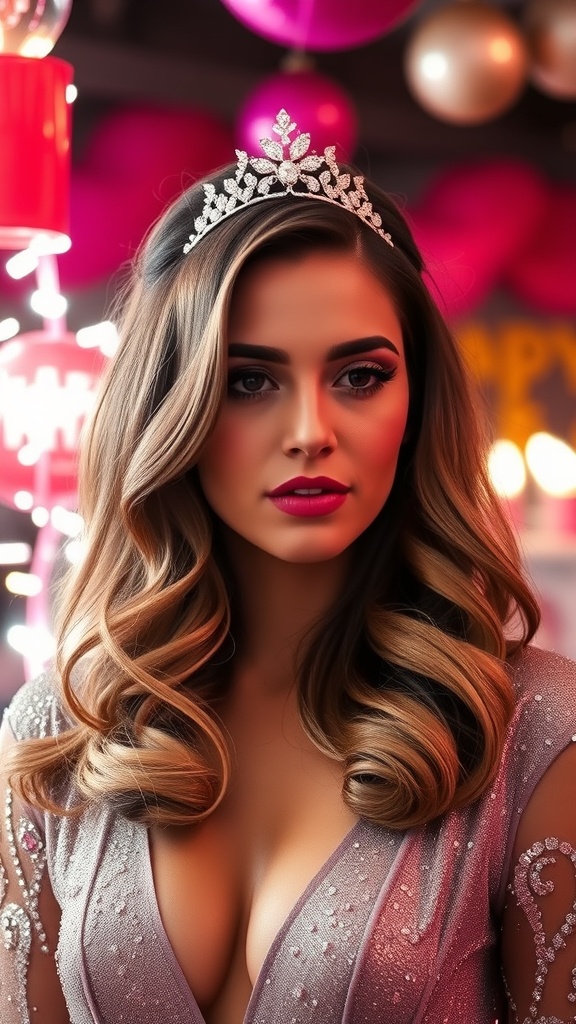 A woman with side-swept glam waves and a tiara, showcasing a birthday hairstyle.