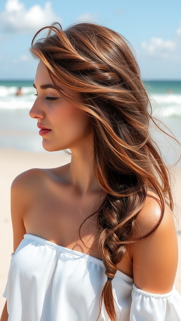 A woman with a side-swept half braid hairstyle stands by the beach, capturing a relaxed and stylish look.