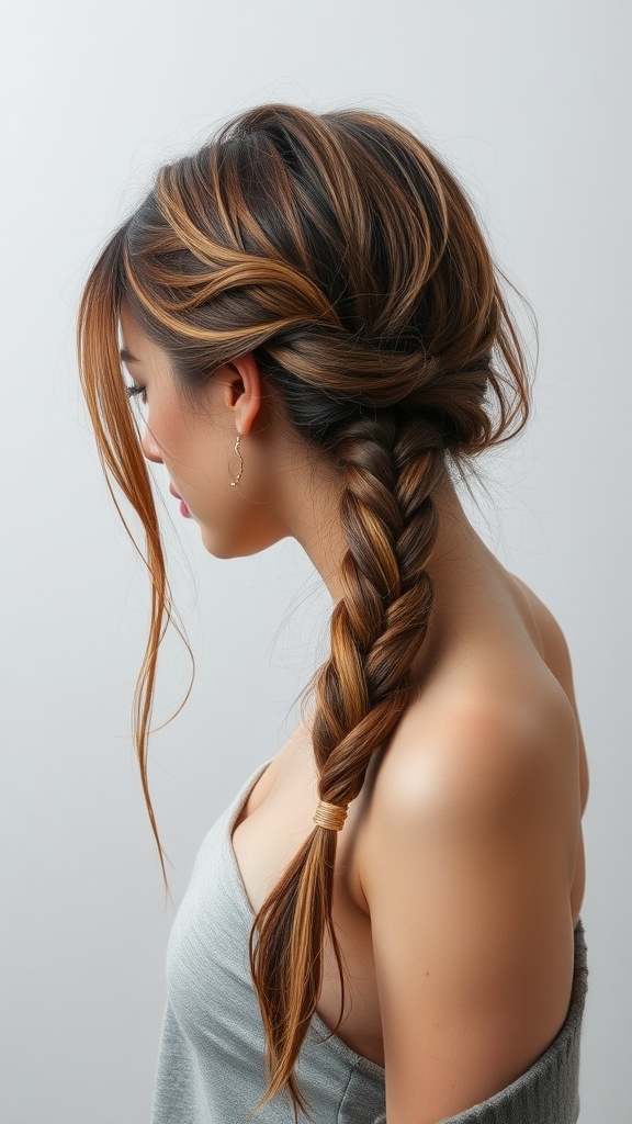 A side-swept messy braid hairstyle with soft waves and loose strands framing the face.