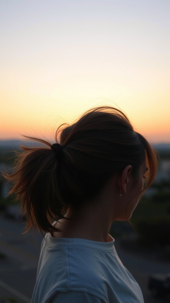 A woman with a side-swept messy ponytail, standing against a sunset backdrop.