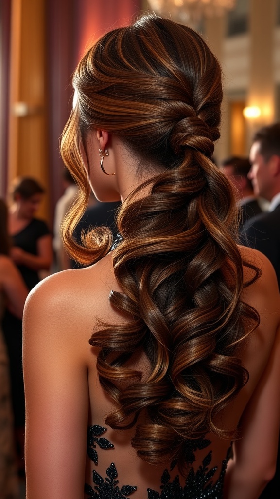 A woman showcasing a side-swept mid ponytail with soft curls, perfect for elegant occasions.