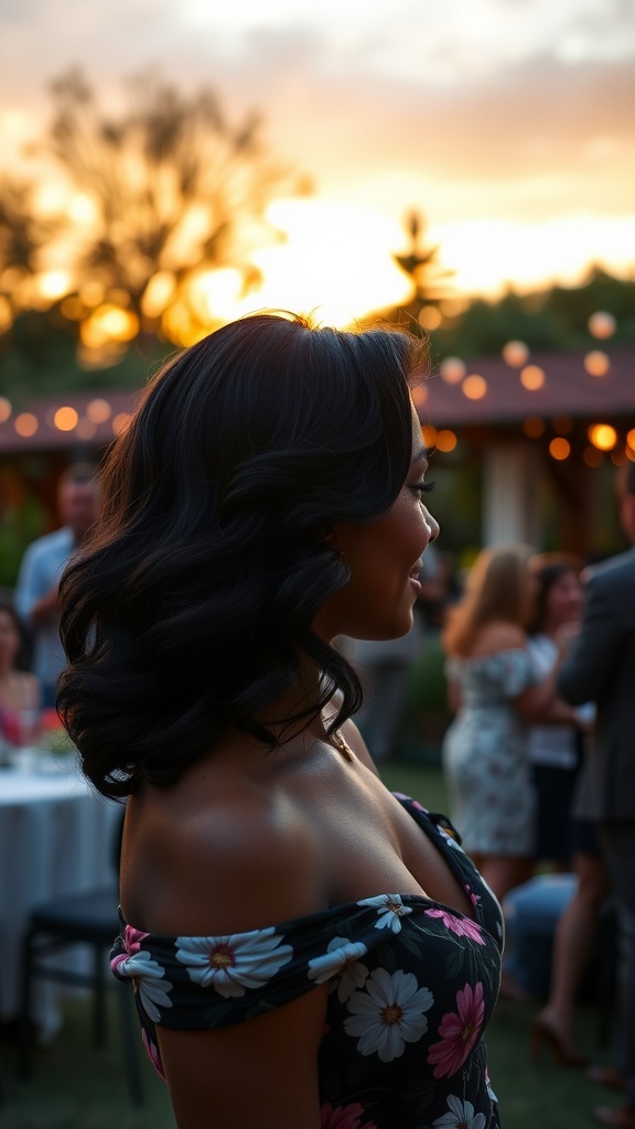 A woman with side-swept natural waves, highlighting her hairstyle against a sunset background.
