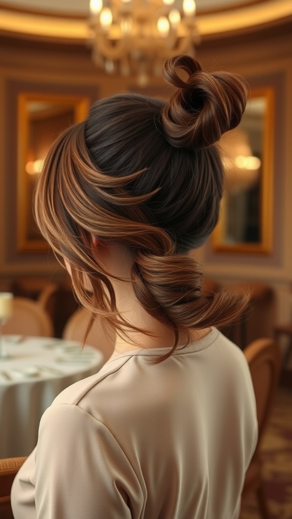 A stylish side-swept ponytail hairstyle with textured waves, showcasing dark and light hair tones.