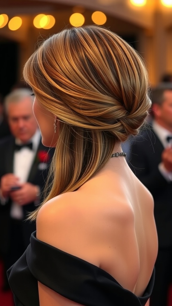 Elegant side-swept straight hairstyle, showcasing smooth and shiny hair.