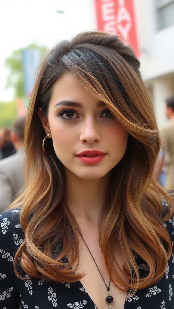 A woman with side-swept waves hairstyle, showcasing soft curls and a fashionable look.