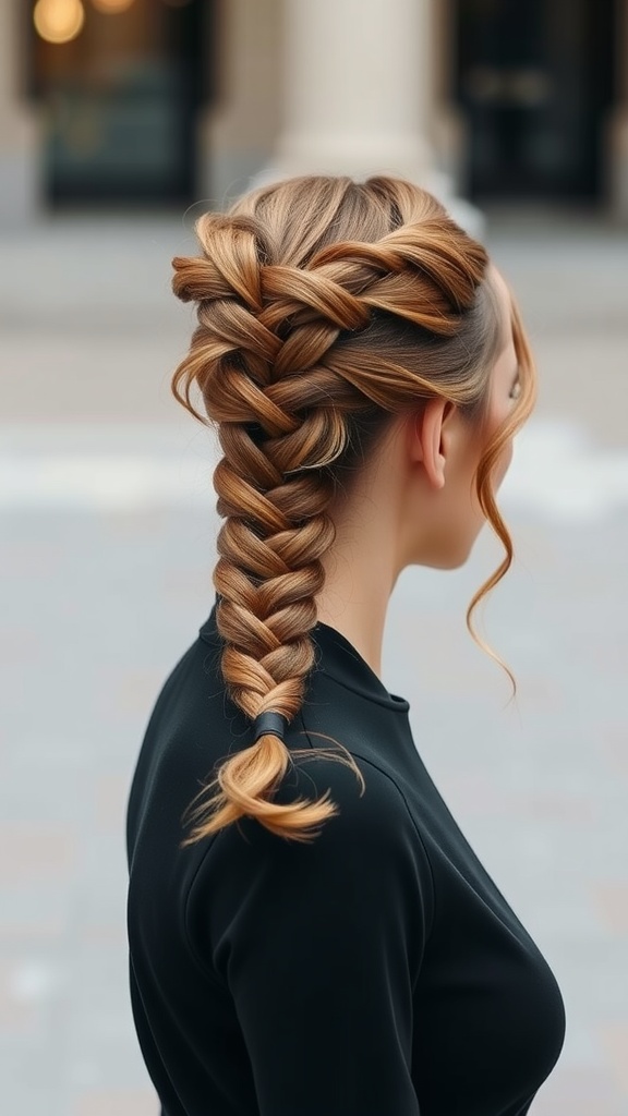 A woman showcasing a side braid that transitions into a ponytail, highlighting a polished hairstyle.