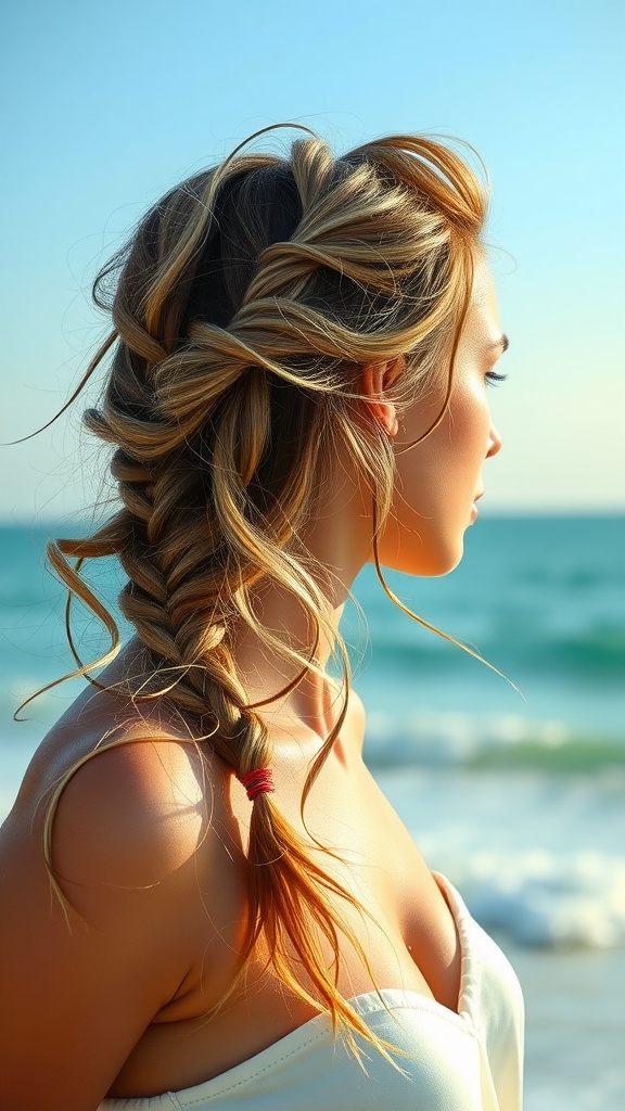 A woman with a side braid and beachy waves, standing by the ocean.