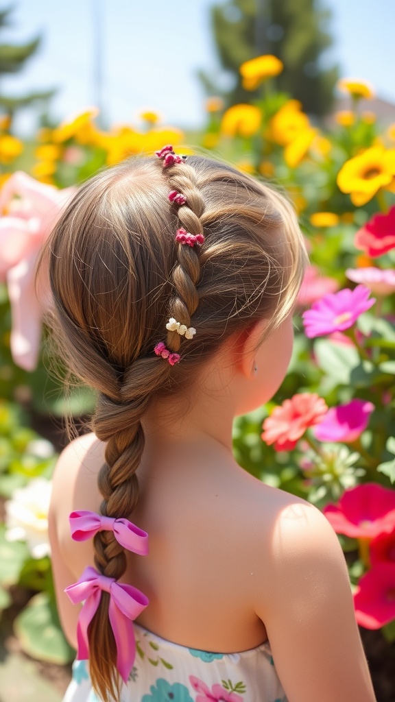 A young child with a side braid decorated with colorful ribbons, surrounded by bright flowers.