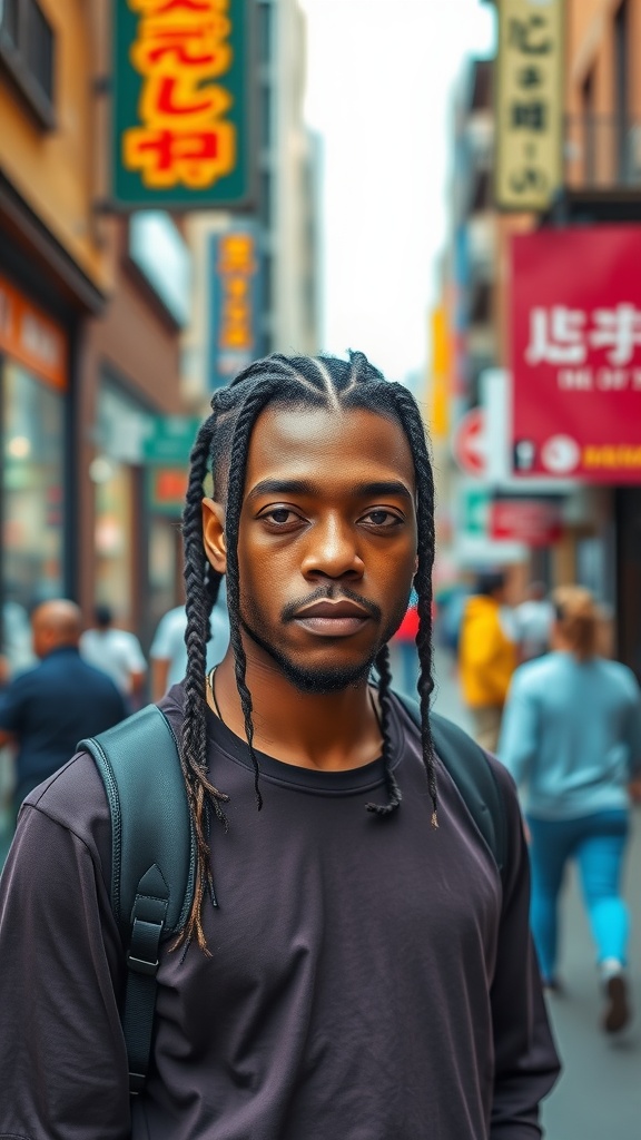A young man with side braids walking in a busy street.