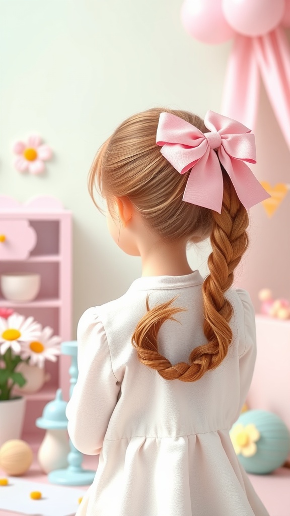 A girl with a side ponytail and a pink bow, showcasing a cute hairstyle.
