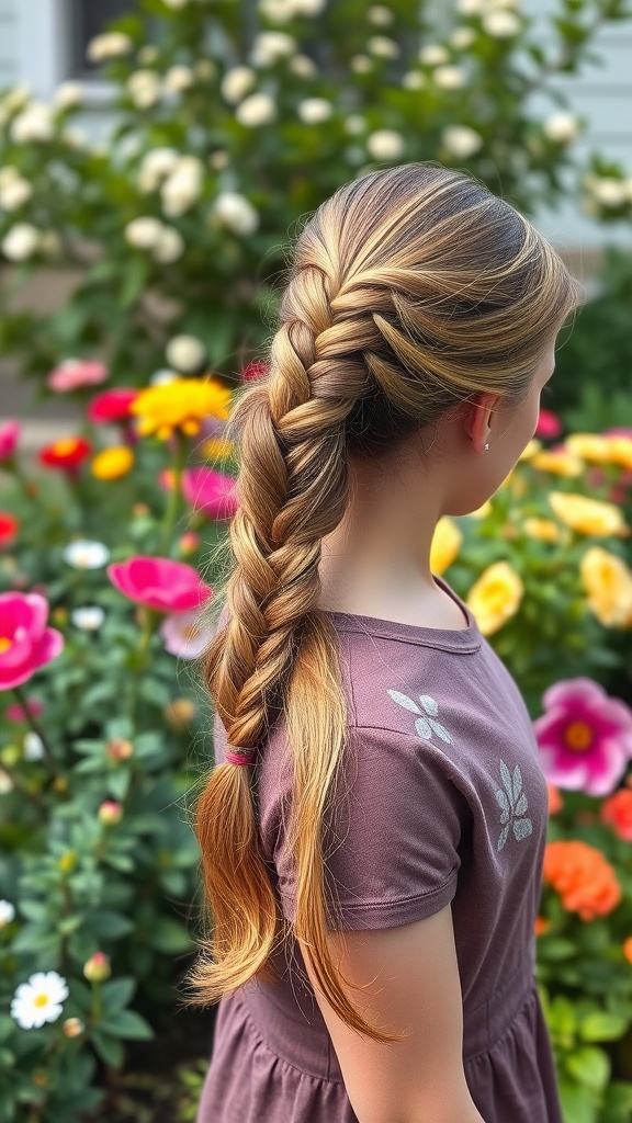 A girl with a side ponytail featuring a fishtail braid, standing in front of colorful flowers.