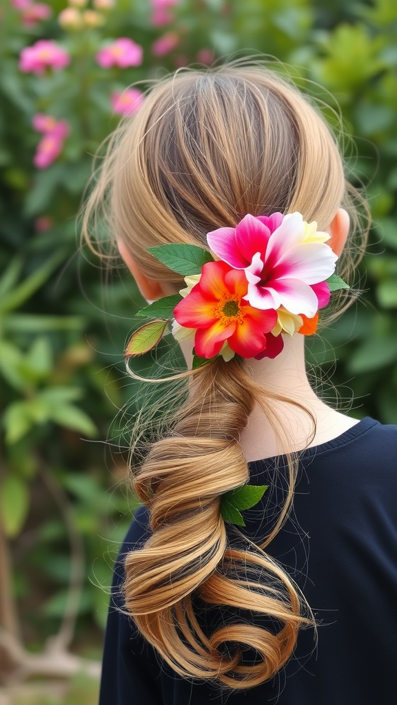 A child's side ponytail with colorful flower accessories, showcasing wavy hair.