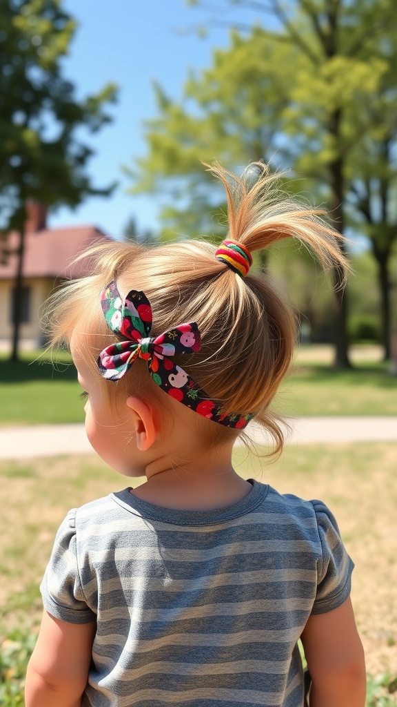 A toddler with a side ponytail and a floral headband, standing in a green park.