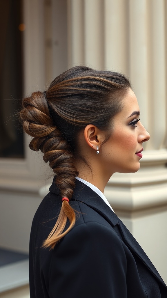 A side ponytail with a twist, showcasing a sleek hairstyle on a woman dressed in a stylish outfit.