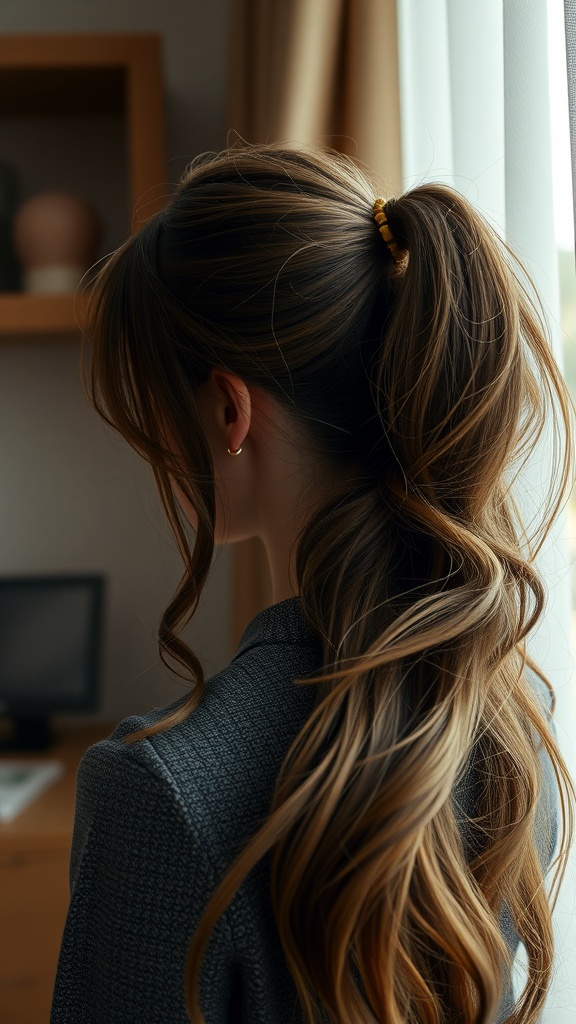 A woman with long hair styled in a side ponytail with curtain bangs, facing away from the camera.