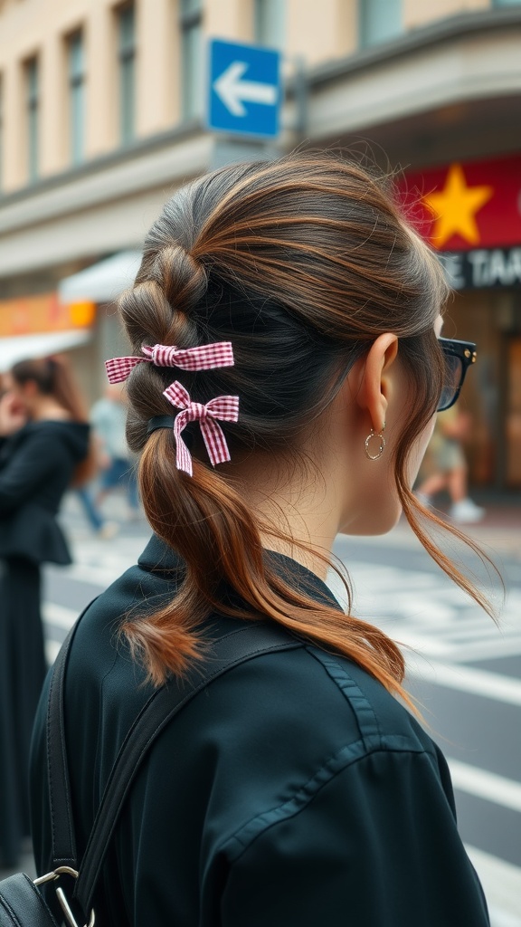 A woman with a side ponytail decorated with gingham bows, standing outdoors.