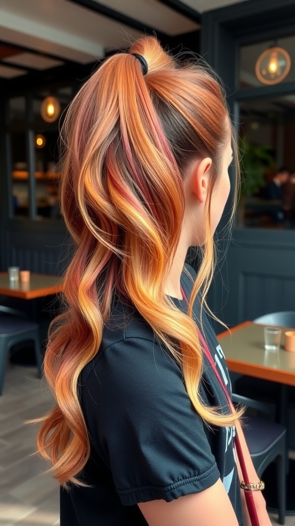 A woman with a side ponytail featuring ombre highlights in warm shades of orange and pink, styled with soft waves.