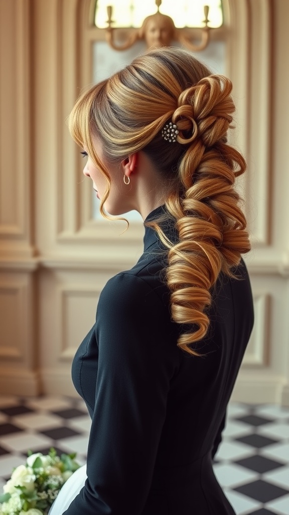 A bride showcasing a side ponytail hairstyle with vintage curls, complemented by a decorative hairpiece