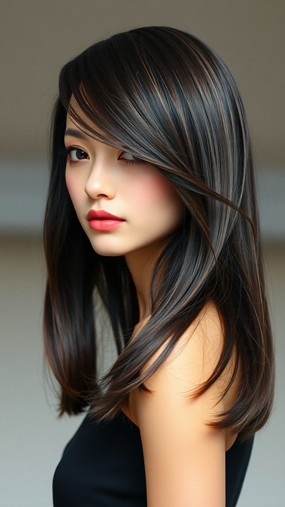 Model with straight wig styled in side swept bangs, showcasing a sleek and polished look.