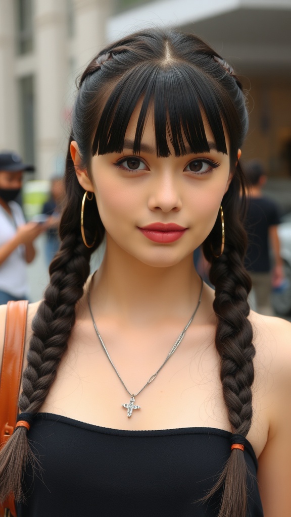 A close-up of a woman with side swept braided bangs and two classic braids, wearing hoop earrings and a simple necklace.
