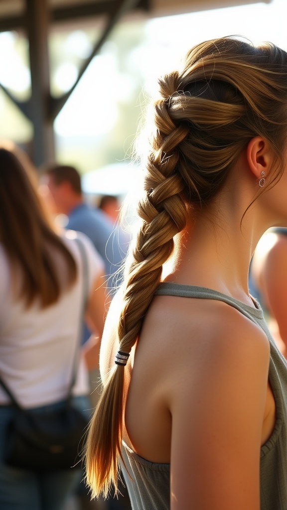 A close-up view of a woman with a side swept braided ponytail, showcasing the intricate braid and relaxed style.