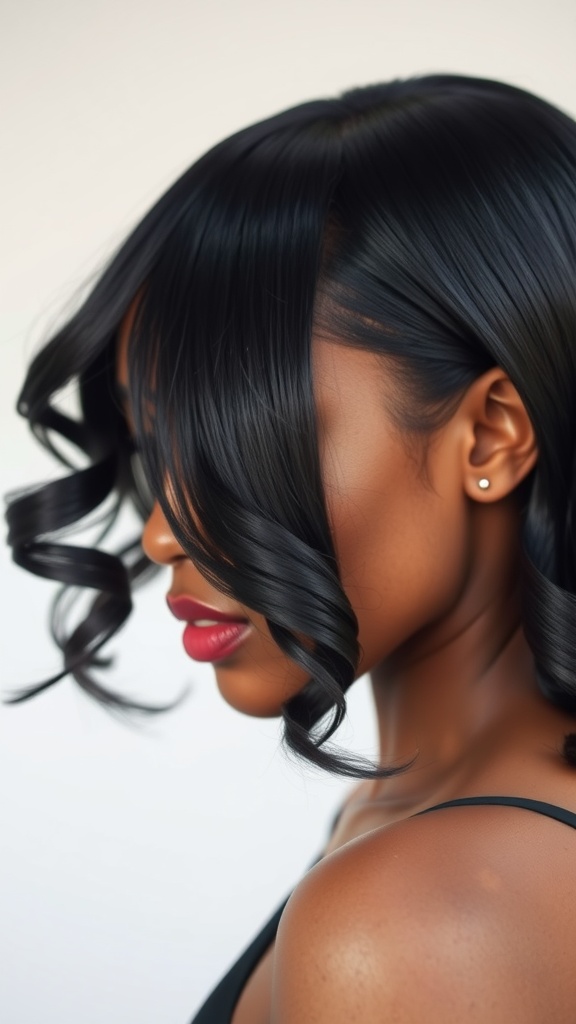 A woman with natural straight hair styled in a silk press, featuring soft curls at the ends, showcasing shine and elegance.