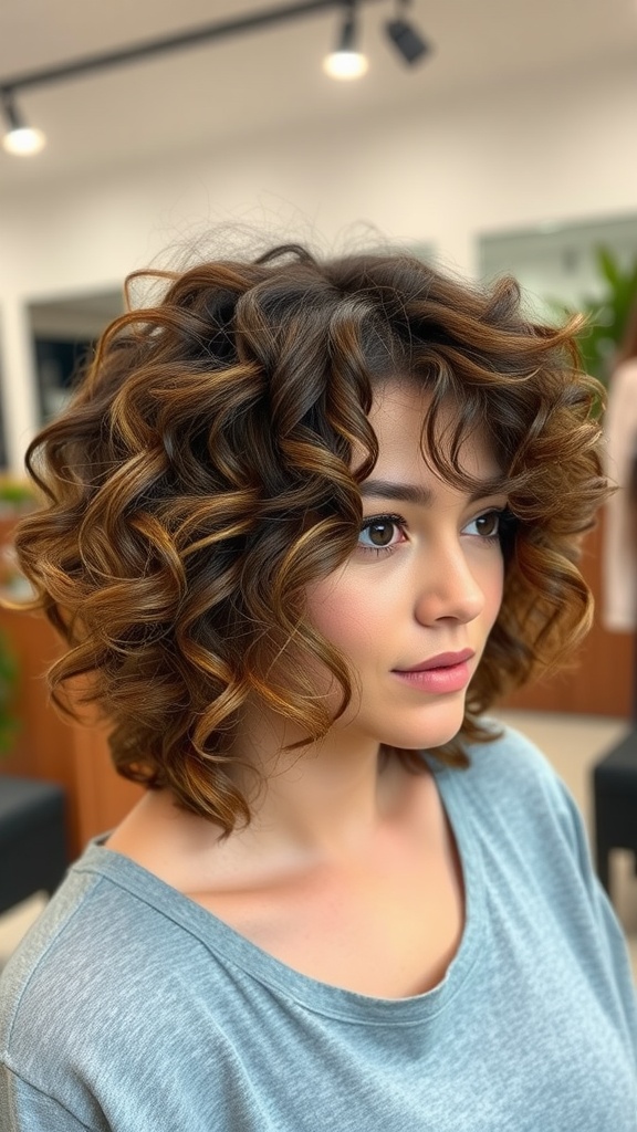 A woman with a curly layered hairstyle, featuring defined curls and soft highlights, looking stylish and playful.