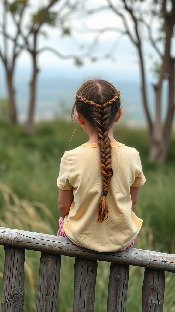 A girl sitting on a wooden fence with a fishtail braid, surrounded by greenery.
