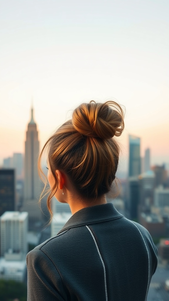 A woman with a voluminous ponytail looking at a city skyline.